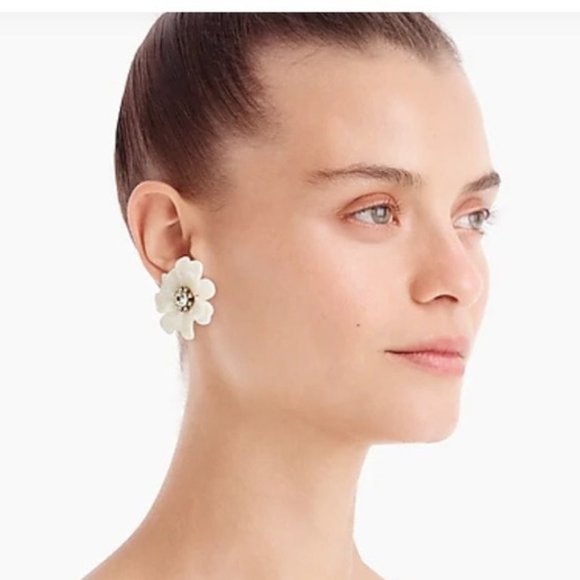 J Crew Full Bloom Floral Resin & Crystal Statement Earrings - White - Picture 2 of 7